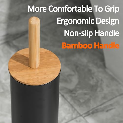 Toilet Bowl Brush and Holder, Toilet Brush with Bamboo Handle and Covered Holder, Dual Brush Options, Weighted Metal Base (Black) - view 4