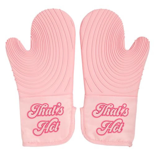 Oven Mitt Set with Iconic That's HOT Design, Heat Resistant Pot Holders Featuring Non-Slip Textured Silicone Grips, 2-Piece Set, Pink