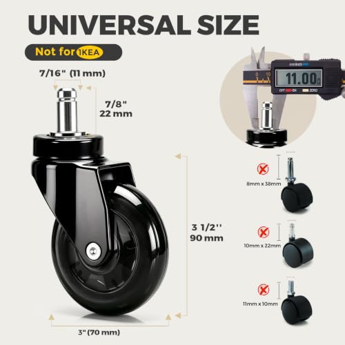 Office Chair Wheels Replacement 3 Inch, Heavy Duty PU Caster Wheels for Hardwood Floor & Carpet, Smooth Quiet Rolling, Hair-Proof, Universal 11mm Stem Fit Most Chairs, Not for 1KEA, Set of 5 (Black) - view 2