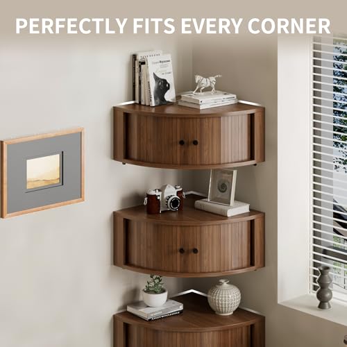 Corner Shelves Wall Cabinet Set of 3, Floating Corner Shelf Organizer with Sliding Doors, Fluted Wall Cabinet for Living Room, Bedroom, Office, Small Space, Walnut (Curved, 15.74“) - view 4