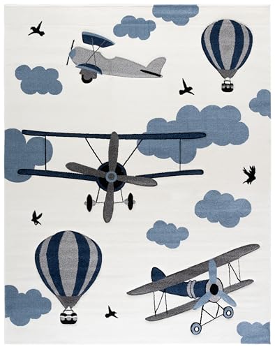Area Rug 8x10 - Carousel Kids Collection - Large - Ivory & Blue, Airplane Design, Non-Shedding & Easy Cleaning, Ideal for Boys & Girls in Playroom, Nursery, Bedroom (CRK137A)