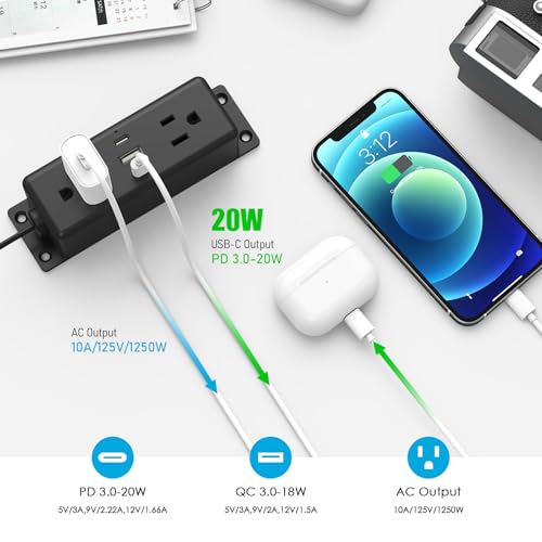Wall Mount Power Strip with USB Ports, Under Desk Mountable Power Strip with Outlets, 4FT Flat Plug Extension Cord Outlet, 20W USB-C Ports. - view 4