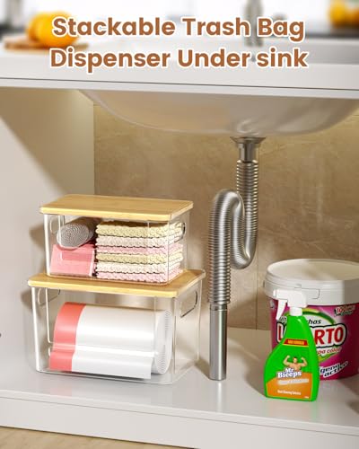 Trash Bag Dispenser 2 Pack, Stackable Trash Bag Holder with Bamboo Lid – Clear Plastic Garbage Bag Organizer for 4-33 Gal Bags, Space-Saving Under Sink Organizer for Kitchen, Laundry, Pantry - view 3