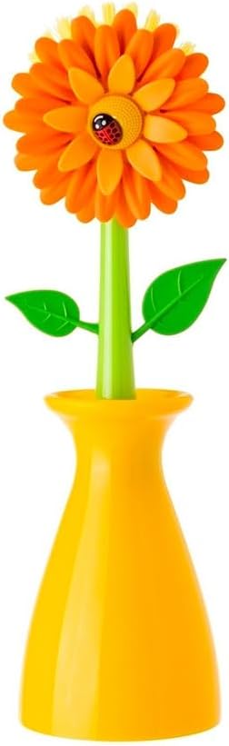 Flower Power Dish Brush with Handle and Vase Holder - Orange | Dish Scrub Brush for Dishes, Kitchen Scrub Brush, Sink Cleaning Brush, Pot Scrubber, Dishwashing Brush