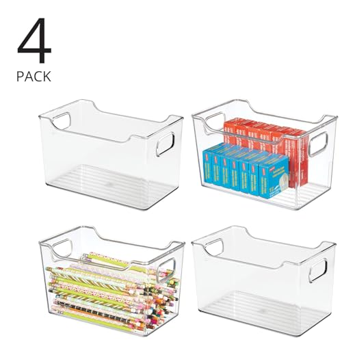 Deep Plastic Office Storage Bins with Handles for Organization in Filing Cabinet, Closet, or Desk Drawers, Organizer for Notes, Pens, Pencils, and Staples - Ligne Collection - 4 Pack - Clear - view 2