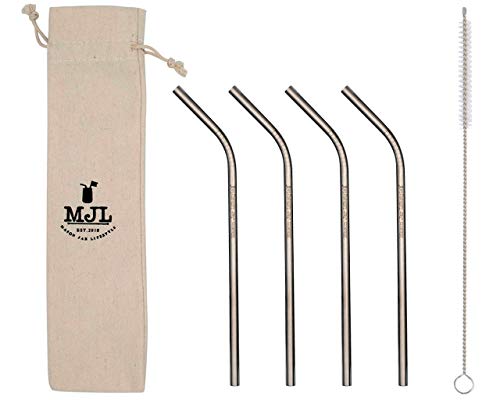 Medium Thin Bent Stainless Steel Straws for Pint Mason Jars or Glasses (4 Pack + Cleaning Brush + Cloth Bag)