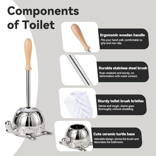 Toilet Brush and Holder Set, Ceramic Turtle Base Toilet Brush Set - 7.5” Bowl Cleaner, Toilet Scrubber Brush with Ergonomic Handle (Silver) - view 3
