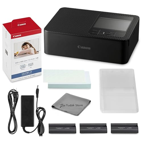 Selphy CP1500 Photo Printer Bundle (Black) with KP-108 Paper (108 Sheets) 3 Color Ink Cartridges & Tudak Cleaning Cloth – Wireless Compact Dye-Sub Printer Kit