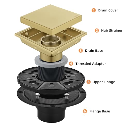 4‑Inch Square Shower Floor Drain, Brushed Gold, Tile‑Insert Cover Panel - view 3