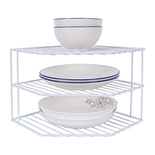 3-Tier Corner Shelf Counter and Cabinet Organizer - Steel Metal Wire - Rust Resistant - Plates, Dishes, Cabinet & Pantry Organizer - Kitchen Organization (10 x 7.5 Inch)(White)