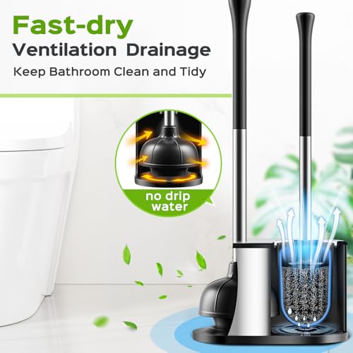 Toilet Plunger and Brush Set: Bathroom Powerful Cleaning Round Bristle Brush - Stainless Steel Heavy Duty Unclogging and Bowl Brush Combo - Compact Home Apartment Restroom Decor Accessories - view 6