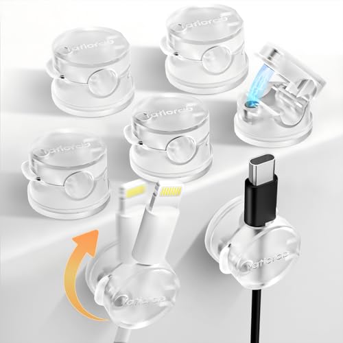 Magnetic Cord Holder for Desk & Nightstand, 7-Pack 360° Rotatable Cable Clips Organizer - Strong Adhesive Fits 8mm Lots for Phone Charger Cords & Wires, Clear