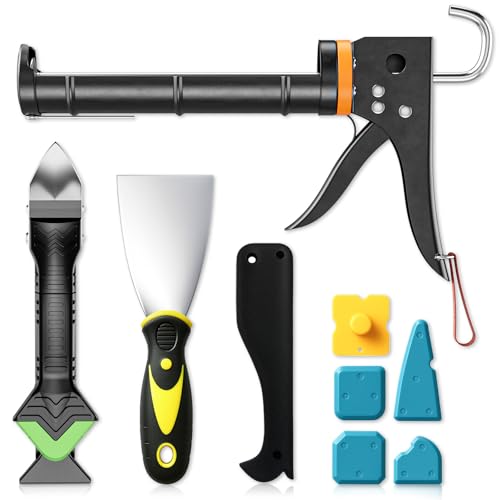 Professional Caulk Gun Kit with Caulk Remover Tool & Putty Knife - 5 in 1 Caulking Tool Set for Caulking Removal, Shower & Bathroom Caulk, Includes Caulking Gun Tool, Caulk Scraper Tool Spackle Knife