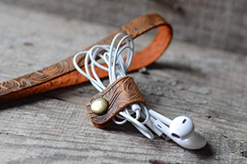 Handmade Genuine Leather Earbud Headphones Cord Wrap Organizer Straps Cable Clips Holder Rustic Headset Management System Winder Winder Brown - view 5