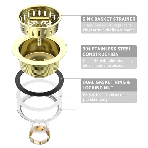 3-1/2 Inch Kitchen Sink Drain Assembly Stainless Steel Gold Kit with Strainer Basket/Rubber Stopper, Rustproof Durable Gold Finish Replacement for Standard Commercial Sink Drains - view 5