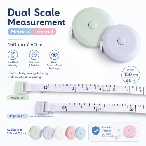 LsFind, Measuring Gadget 3-Piece Set 1.5m Round Plastic Ruler Automatic Retractable Tape Measure Household Mini Dual-Scale Metric/Imperial Measuring Tape (Blue+Green+Pink) - view 4