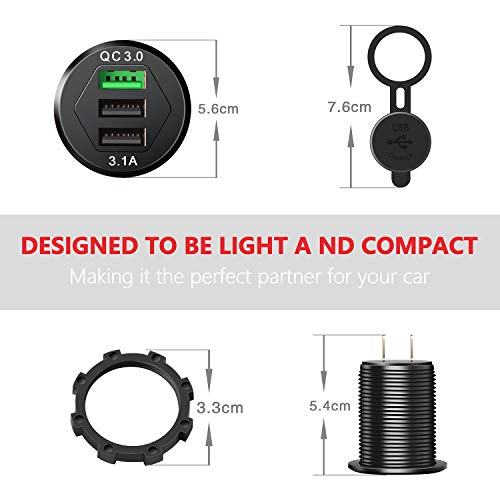 Quick Charge 3.0 Car Charger, 2-Pack 12V/24V 35W QC3.0/2.0 USB Charger Socket, 3 USB Power Outlet Fast Charge With Wire Fuse Aluminum for Car Boat Marine ATV Bus Truck Golf Cart and More - view 6