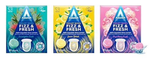 Fizz & Fresh Foaming Toilet Bowl Cleaner Tablets Bundle – Deep Cleaning Eucalyptus, Lemon Splash & Pink Peony Scents – Limescale, Calcium & Rust Remover for Hard-to-Reach Stains, 24 Tablets T