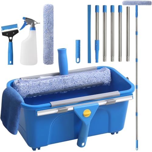 11PCS Window Cleaning Kit Washing Tool, Bucket 3 Gallon, 76 inch Long Handle Window Squeegee and Microfiber Scrubber,Equipped with Replaceable Squeegee and Scrubber for Home Business Use