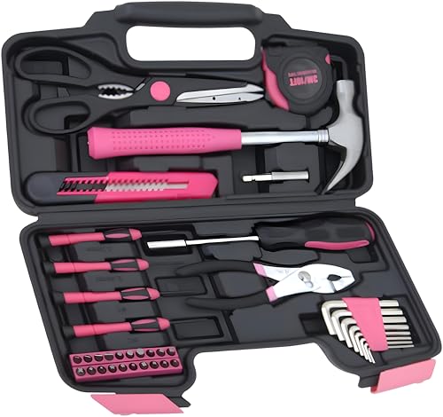 39-Piece Household Tools Kit - Portable and Essential Repair Set Ideal for Women, College Students, Home Use & More (39p-Pink)