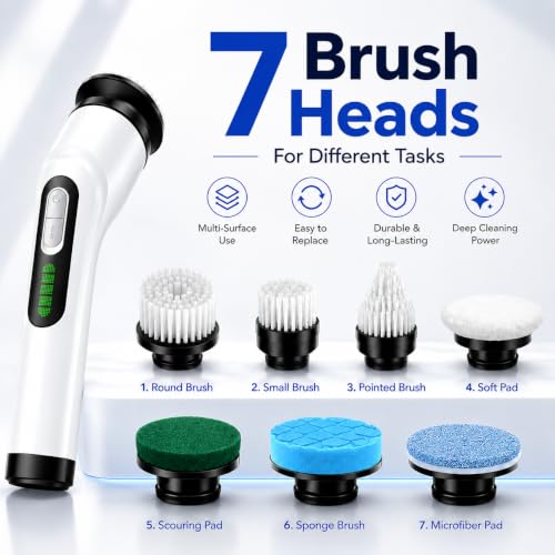 Electric Spin Scrubber for Bathroom, IPX7 Waterproof Shower Scrubber with Extendable Long Handle, Bathroom Cleaning Scrubber with 7 Reusable Brush Heads (White) - view 4