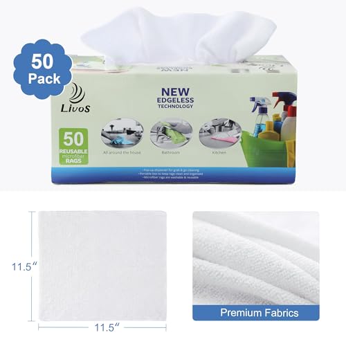 50 Pack Microfiber Cleaning Cloth in Box, Reusable Cleaning Rags, 11.5"x11.5", Edgeless Microfiber Wipes, Lint Free, Absorbent Shop Towels for Kitchen, Car, Glass (White) - view 2