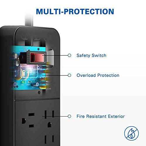 Surge Protector Power Strip, 12 Outlets with 2 USB Ports, 6 Feet Extension Cord, 2390 Joules, ETL Listed, Black - view 3