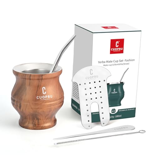 Yerba Mate Cup - Mate Gourd Set Includes Double Walled Stainless Steel Tea Cup, Tea Shaper set, Bombilla Straws, Cleaning Brush (Wood Grain)