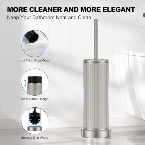 Metal Vertical Grain Toilet Bowl Brush and Holder Set Scrubber Nickel - view 6