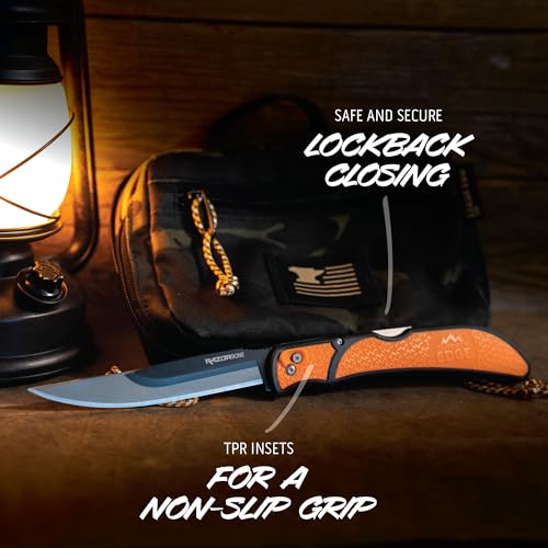 RazorBone Replaceable Blade Folding Hunting Knife with Clip & Sheath, 3 Butcher Knife Blade Styles - Boning, Gutting, & Skinning Knives. Blaze Orange, Camo Sheath, 6 Blades & Blade Box - view 6