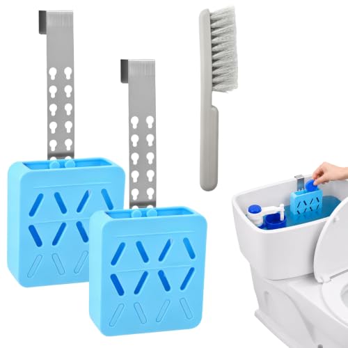 2 PCS Adjustable Toilet Tank Tablet Holder with Cleaning Brush, Toilet Bowl Cleaner Holder, Hanging Silicone Bleach Tablet Caddy Bracket, Helps Reduce Residue & Flapper Contact(Blue)