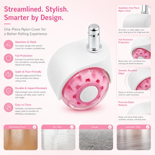 Pink Office Chair Wheels with Seamless One-Piece Nylon Cover, 2 Inch Rubber Gaming Wheels Replacement, Smooth Rolling for Hardwood Carpet Tile Floors, 11 * 22mm Universal fit - view 3