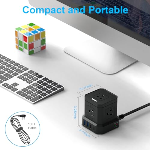 Power Strip Surge Protector (700J), 10 FT Flat Extension Cord with 5 Outlets, 2 USB-C & 2 USB-A, Power Strip with USB for Home, Office, Dorm, Hotel, Travel, Compact Desk Charging Station - view 6