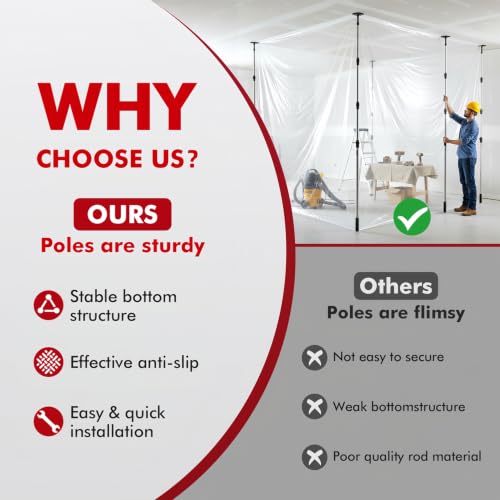 12FT Dust Barrier Poles, 4Pack Spring Retractable Zipper Wall Poles - view 6