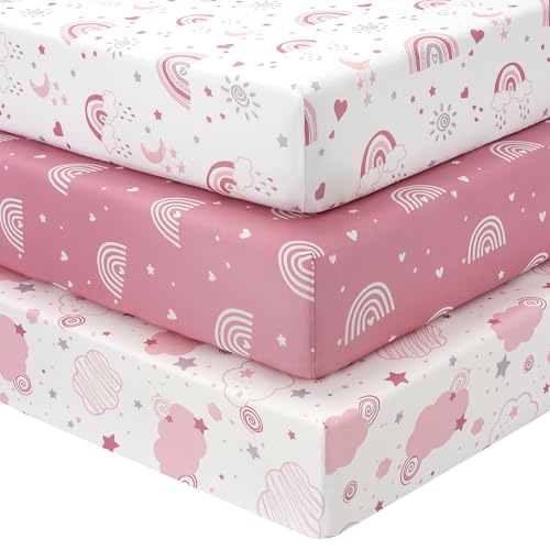 Pack and Play Sheets Fitted, Mini Crib Sheets Girl 38” x 26” 3-Pack