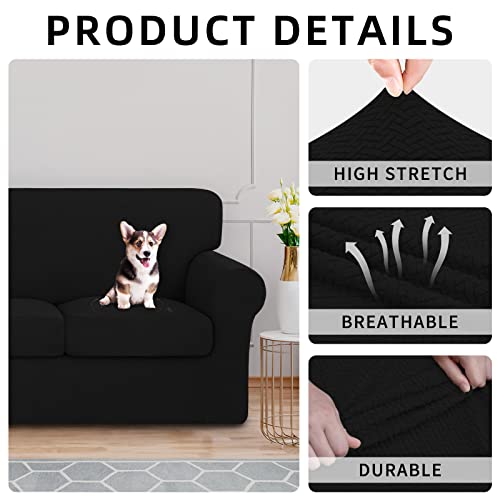 2 Pieces High Stretch Thicken Chair Couch Covers, Soft Sofa Slipcover for 1 Separate Cushion Couch, Jacquard Fabric Elastic Sofa Cover Furniture Protector for Dogs (Chair, Black) - view 4
