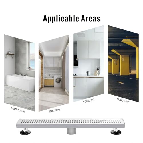 24 inch Linear Shower Drain with Removable Square Hole Panel by Using Brushed 304 Stainless Steel Process, Linear Drain Equipped with Adjustable Feet and Hair Strainer - view 6