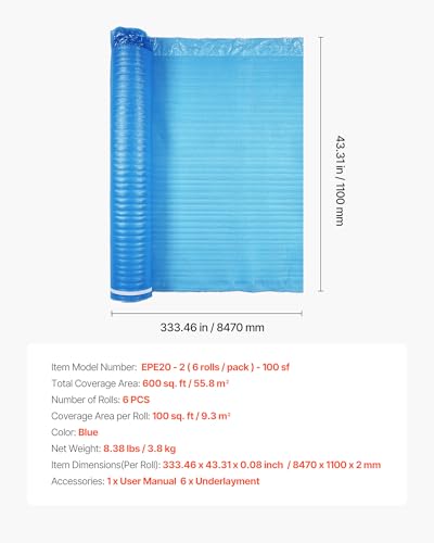 Floor Underlayment 600 sq. ft, 3-in-1 2 mm Thick Flooring Padding with Tape & Vapor Barrier, Heavy Duty EPE Foam Soundproofing & Noise Reduction, for Laminate Wood (6 Rolls x 100 sq. ft) - view 7