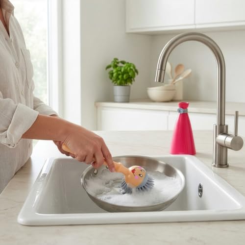 Dolls Dish Brush with Handle and Holder - Dish Scrubber Brush for Dishes and Pans, Kitchen Scrub Brush, Dishwashing Brush for Kitchen Sink Cleaning, Cute Standing Dish Brush Design - Pink, Gray - view 2