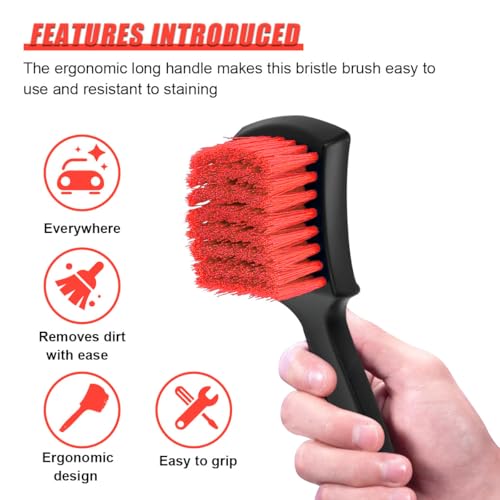 8.3×2.5 Inch Car Wash Brush, Soft Bristle Short Handle Carpet Cleaning Brush, Scrub Brush for Floor Mats, Tires, Automotive Wheel Bushes for Vehicle Interior & Home (Red) - view 3