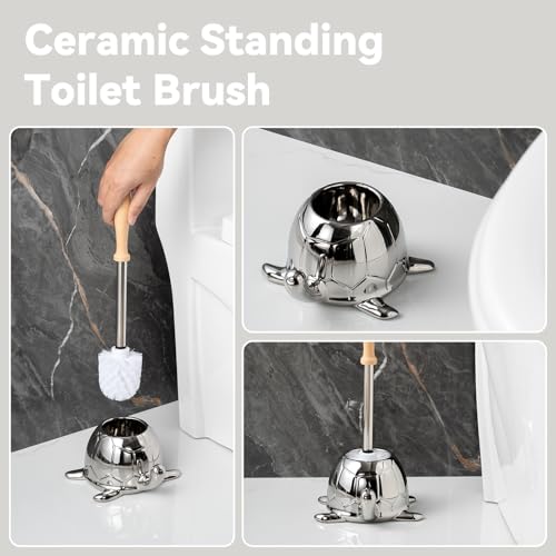Toilet Brush and Holder Set, Ceramic Turtle Base Toilet Brush Set - 7.5” Bowl Cleaner, Toilet Scrubber Brush with Ergonomic Handle (Silver) - view 5