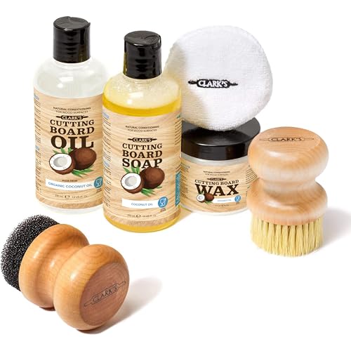 Cutting Board Care Kit with Coconut Oil - Includes Wax, Soap, Scrub Brush, Buffing Pad, and Applicator - for Kitchen Countertops, Butcher Blocks, Wooden Bowls and Utensils - Food Safe