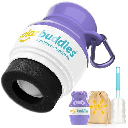 Grab & Go Travel Bundle, Carabina Clip & Cleaning Brush - Single Full Purple - Refillable Roll on Sponge Sunscreen, Suncream & Lotion Applicator For Kids, Adults & Families - Holds 100ml