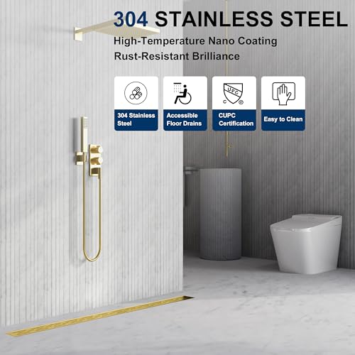 36-Inch Brushed Brass Linear Shower Drain with Brick Pattern Grate - view 4