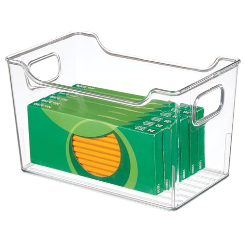 Deep Plastic Office Storage Bins with Handles for Organization in Filing Cabinet, Closet, or Desk Drawers, Organizer for Notes, Pens, Pencils, and Staples - Ligne Collection - 4 Pack - Clear - view 6