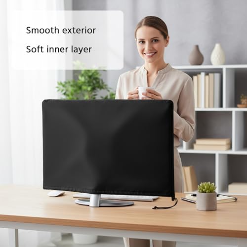Monitor Dust Cover Heavy Duty Anti-tear Full Body Protective Case Universal for Computer LED LCD Screen Wih Adjustable Bottom Tight Rope Black -31W x20H in - view 6