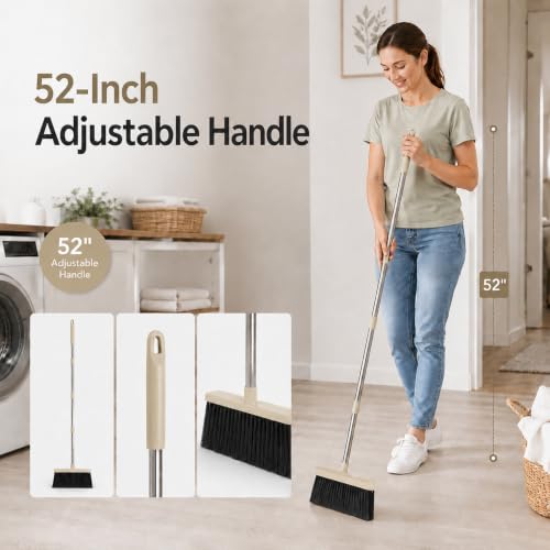 Broom and Dustpan Set, 52-Inch Adjustable Long Handle with Self-Cleaning Comb Teeth, Flexible TPR Lip and Foot-Assisted Fold-Up Dustpan for Home, Kitchen, Office and Apartment, Gray Yellow - view 4