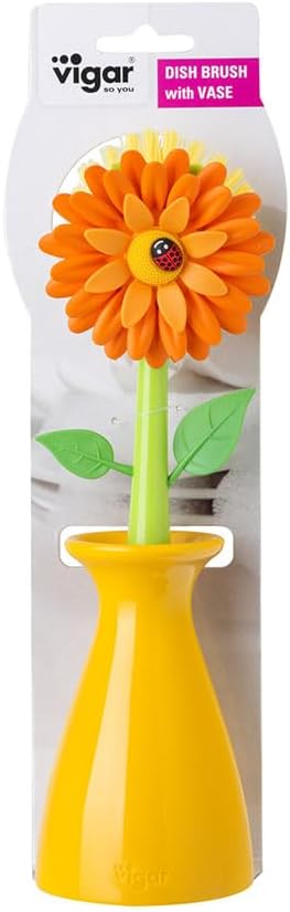 Flower Power Dish Brush with Handle and Vase Holder - Orange | Dish Scrub Brush for Dishes, Kitchen Scrub Brush, Sink Cleaning Brush, Pot Scrubber, Dishwashing Brush - view 4
