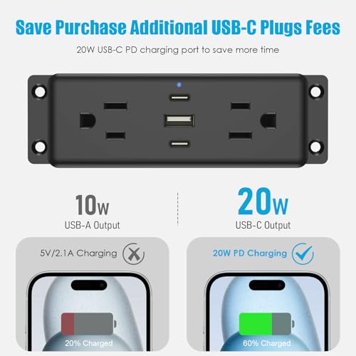 Wall Mount Power Strip with USB Ports, Under Desk Mountable Power Strip with Outlets, 4FT Flat Plug Extension Cord Outlet, 20W USB-C Ports. - view 3