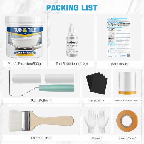Tub and Tile Paint, 17.6oz White Tub and Tile Refinishing Kit with Hardener, Quick-Dry, Low Odor Bathtub Paint for Bathroom, Kitchen, Tile and Bathtub, 25-30sq.ft - view 2